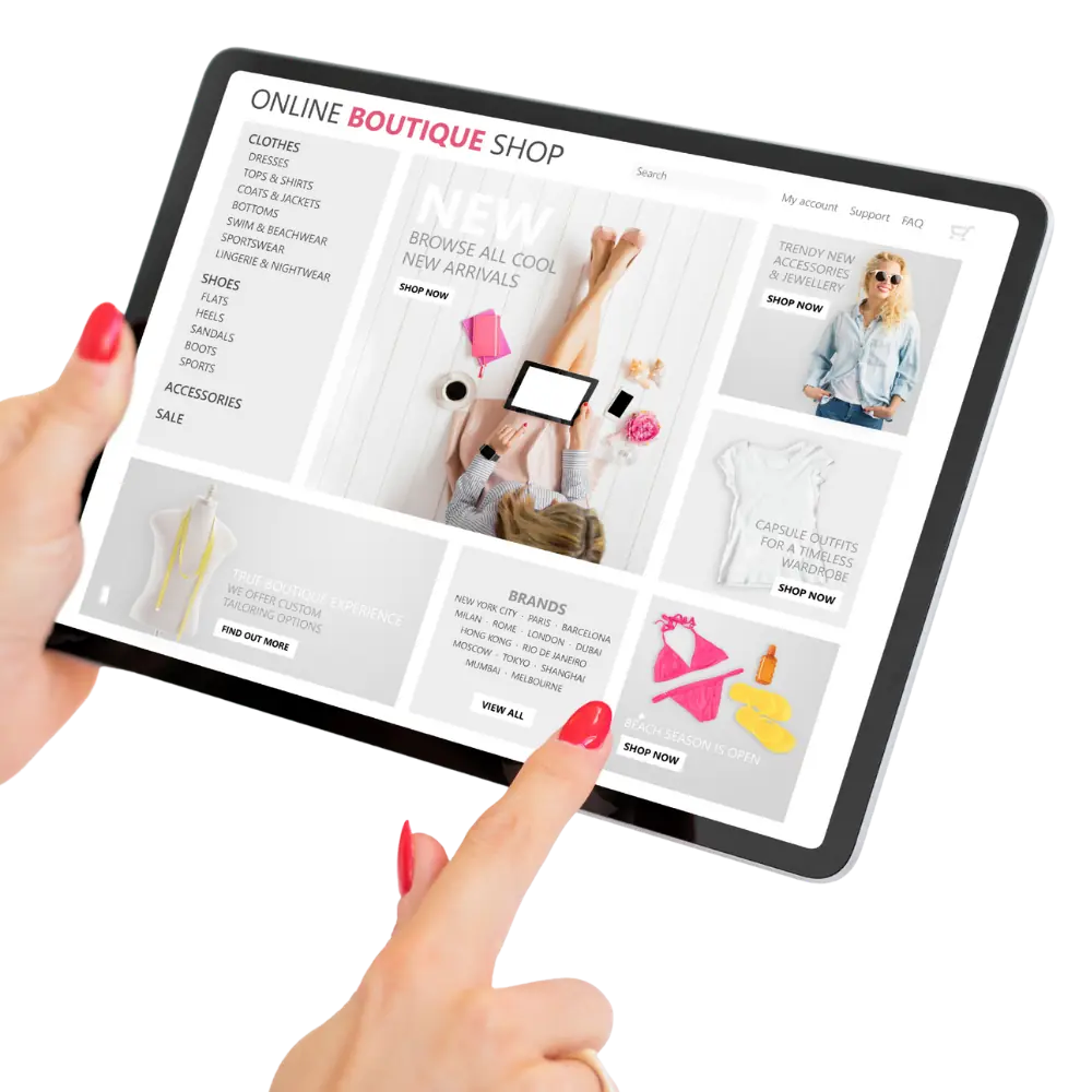 Responzívny eshop s oblečením zobrazený na tablete, ilustrujúci tvorbu moderných a používateľsky prívetivých eshopov.