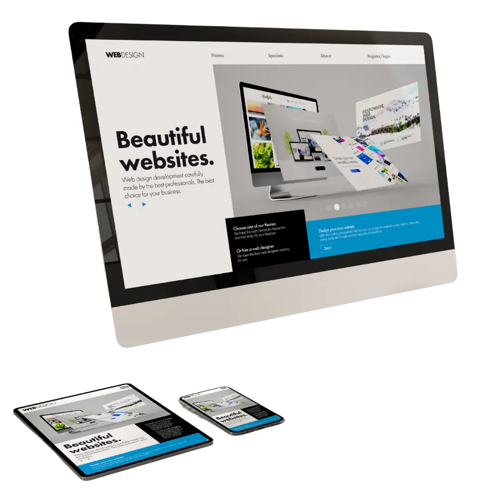 Beispiel einer responsiven Website, angezeigt auf Computer, Tablet und Handy.
